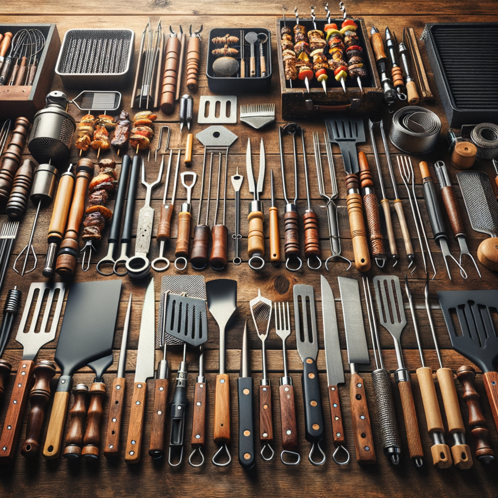 High-quality outdoor grilling utensils, durable BBQ gear, and heavy-duty barbecue cooking tools neatly arranged on a wooden table, essential for all outdoor cooking and grilling needs.