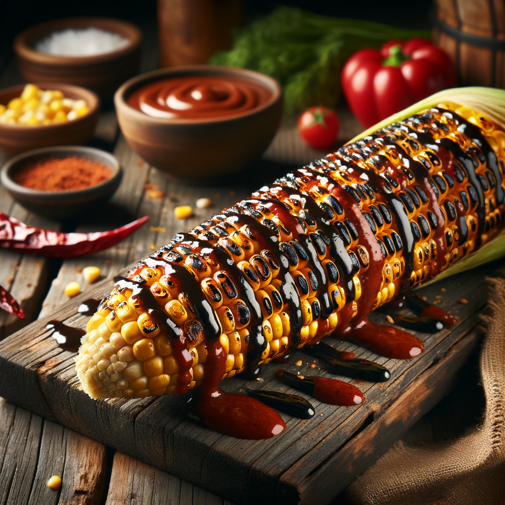 Deliciously charred Chipotle BBQ Grilled Corn on the Cob, smoky BBQ corn recipe with savory ingredients displayed in the background on a rustic table.