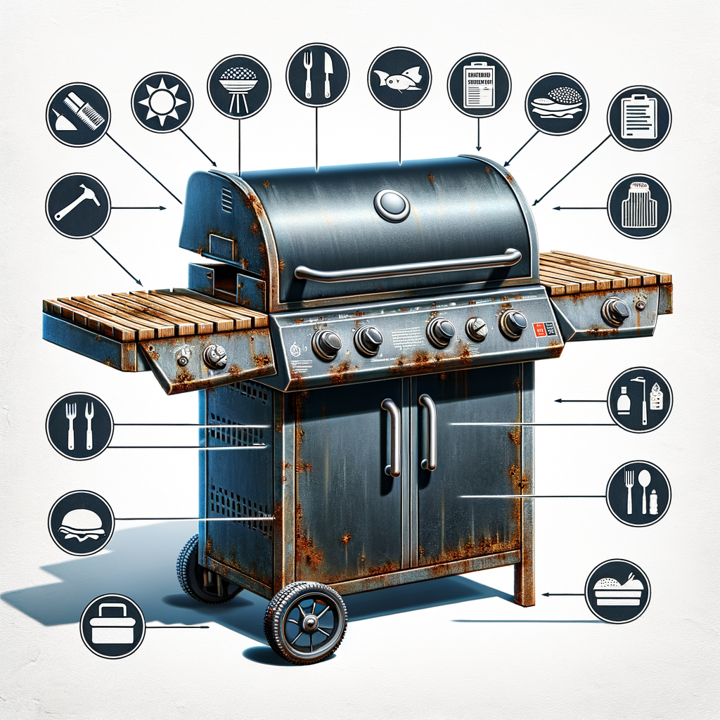 BBQ grill displaying wear and tear signs like rust and broken grates, highlighting the importance of understanding grill damage, grill repair signs, and when to repair your grill for effective BBQ grill repair and maintenance.