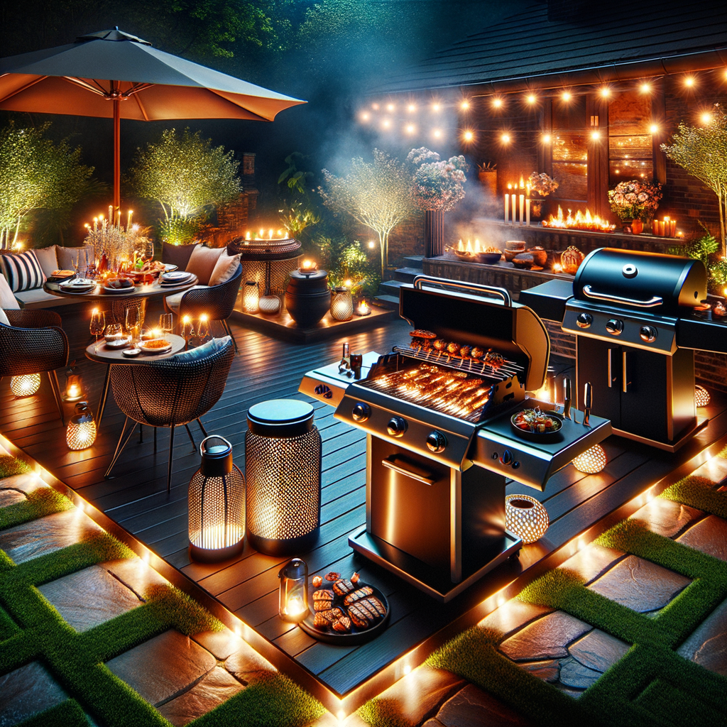 LED BBQ Grill Lights illuminating a sleek nighttime grilling setup, showcasing the best Grill Lighting Solutions and Outdoor Cooking Lighting for Nighttime Grilling, with Patio Grill Lights enhancing the outdoor ambiance.