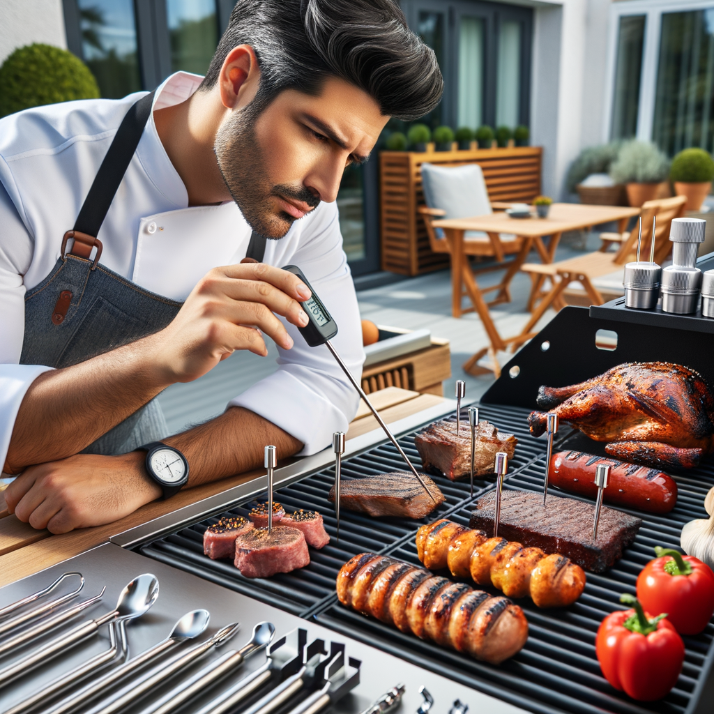 Professional chef using grilling temperature probes for precision grilling of BBQ meats, highlighting the importance of temperature probes and precision cooking tools for accurate grilling temperatures.