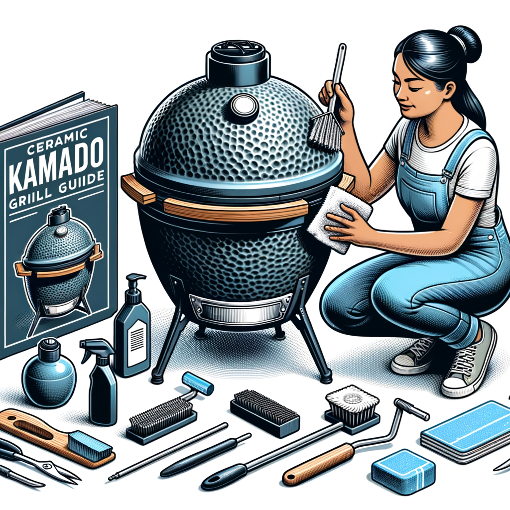 Kamado owner meticulously performing ceramic grill maintenance with cleaning tools and care products, emphasizing the importance of Kamado grill care for longevity and optimal performance.