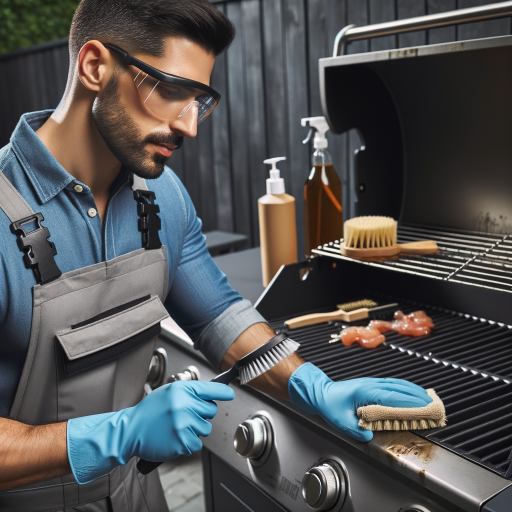 Professional demonstrating grill maintenance tips and preventative care for extending grill lifespan, showcasing tools for BBQ grill maintenance and outdoor grill care to increase grill longevity.