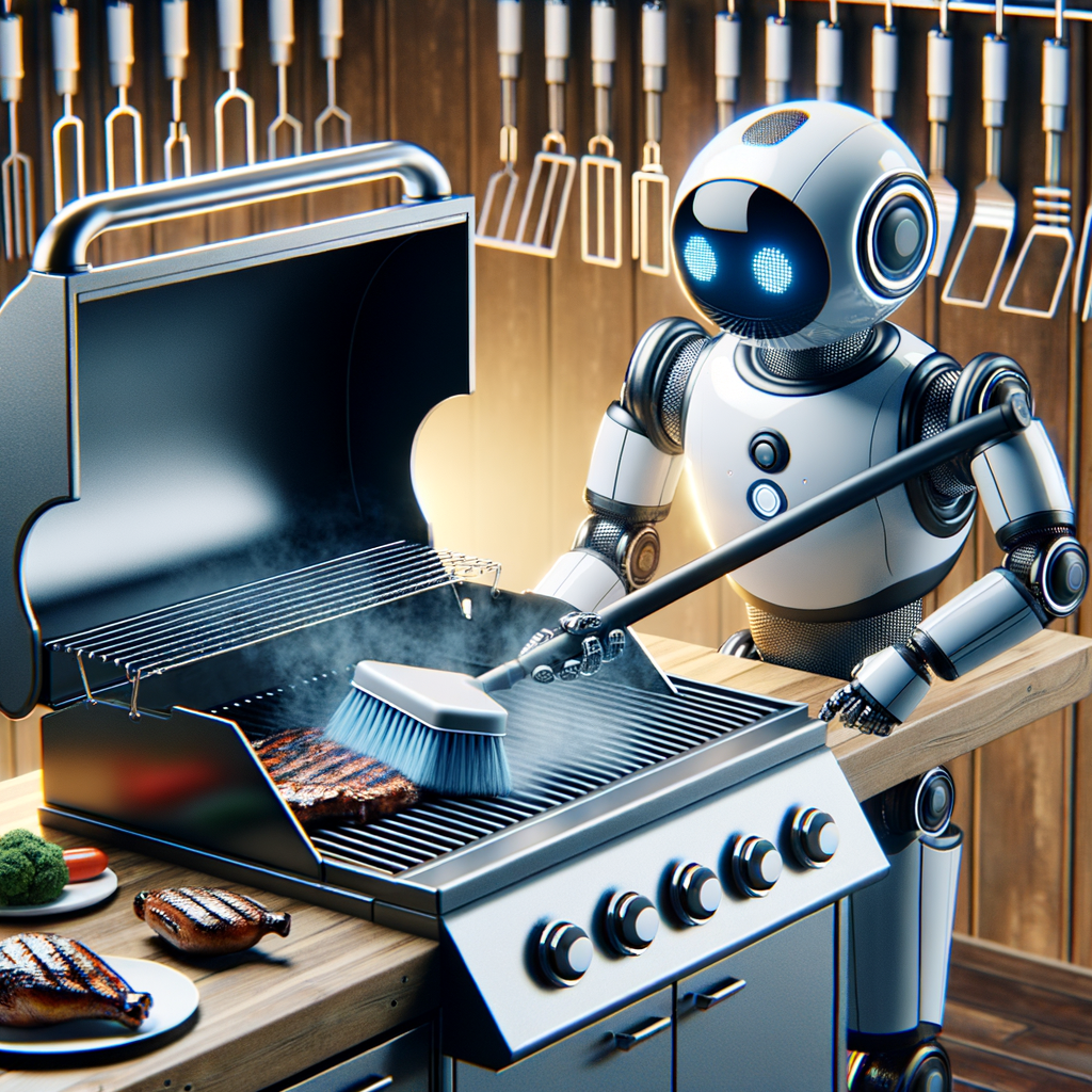 Grill cleaning robot in action, demonstrating automated grill maintenance and advanced BBQ cleaning technology, surrounded by various BBQ maintenance robots.