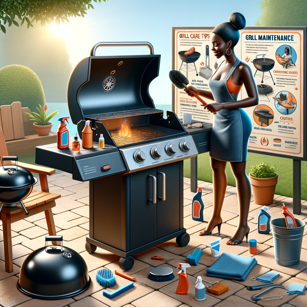 Expert providing grill maintenance tips and advice on extending grill lifespan, showcasing well-maintained BBQ grill, grill care tools, and infographic for prolonging the life of your grill.