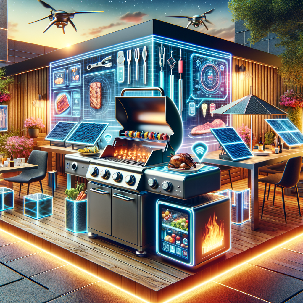 High-tech BBQ tools, innovative grilling gadgets, and smart BBQ accessories showcased in a sleek outdoor kitchen setup, epitomizing the latest tech innovations for outdoor cooking.