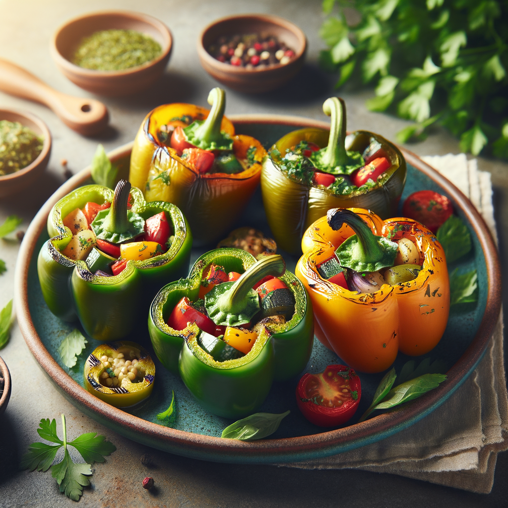 Vegetarian Delight Recipes featuring a platter of Grilled Stuffed Bell Peppers, an easy and healthy vegetarian meal, showcasing the process of grilled vegetable recipes preparation.