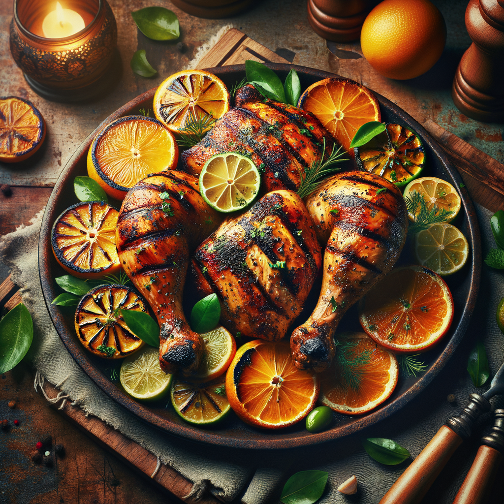Delicious citrus-marinated grilled chicken recipe showcasing tangy and tender chicken garnished with fresh citrus slices and herbs.