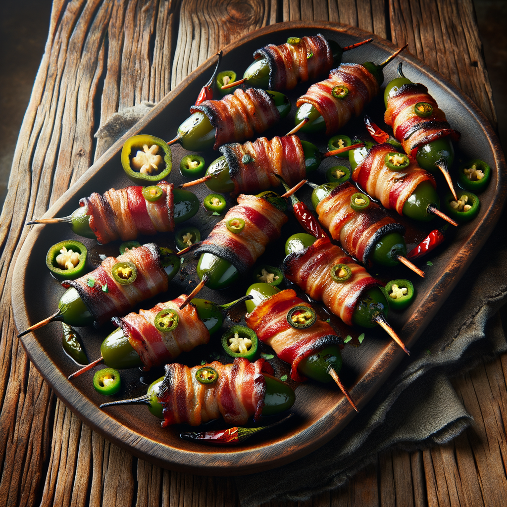 Delicious Grilled Bacon-Wrapped Jalapeno Poppers on a rustic serving tray, a perfect spicy appetizer recipe for crowd-pleasing BBQ parties.
