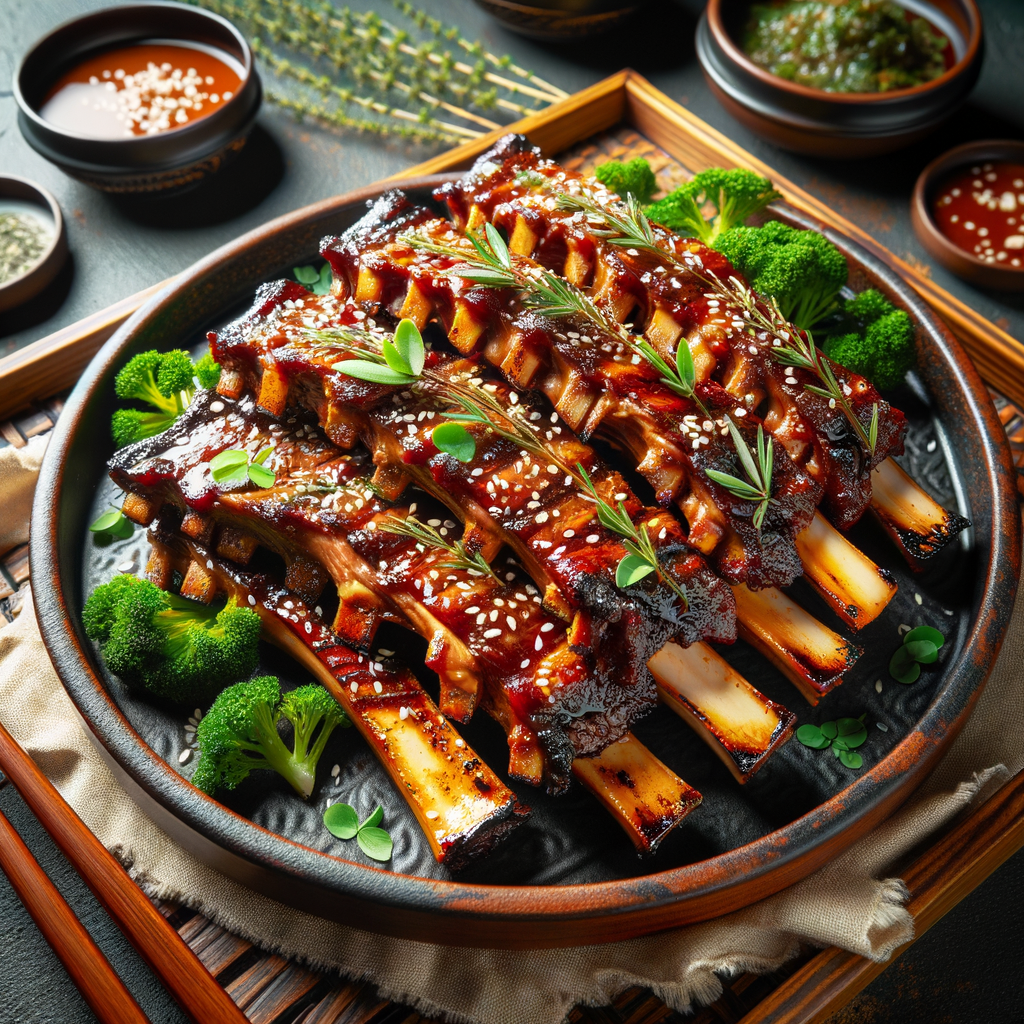 Delicious Korean-style BBQ short ribs recipe, showcasing BBQ fusion cuisine with perfectly grilled Korean ribs garnished with fresh herbs on a traditional platter.