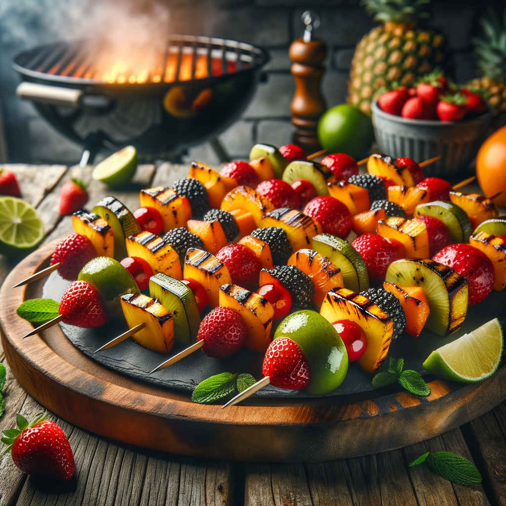 Delicious grilled fruit kabobs with honey-lime glaze, a perfect BBQ dessert for summer, showcasing healthy dessert recipes and grilled dessert ideas.