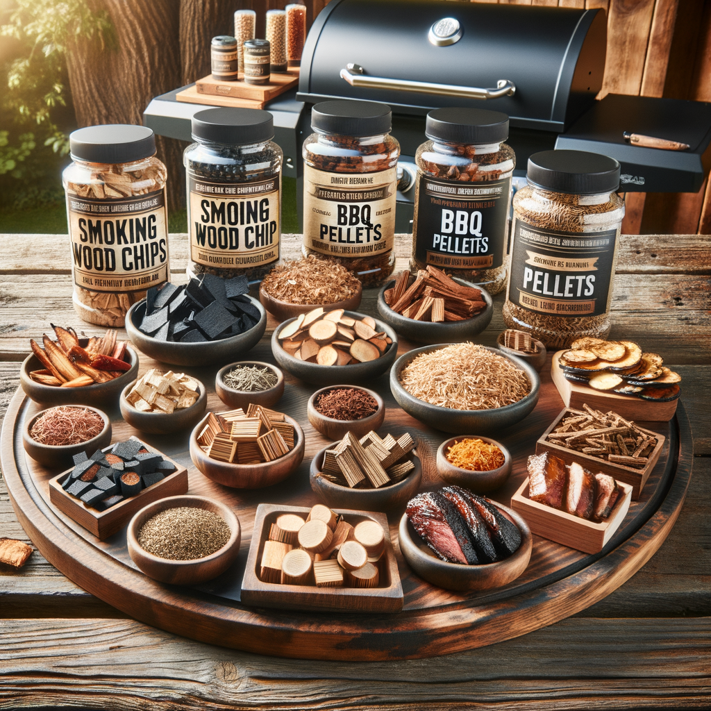 Assortment of BBQ flavor enhancers including smoking wood chips, BBQ pellets, and alternative charcoal options on a rustic table, demonstrating grilling techniques for enhancing flavor with wood and pellets.
