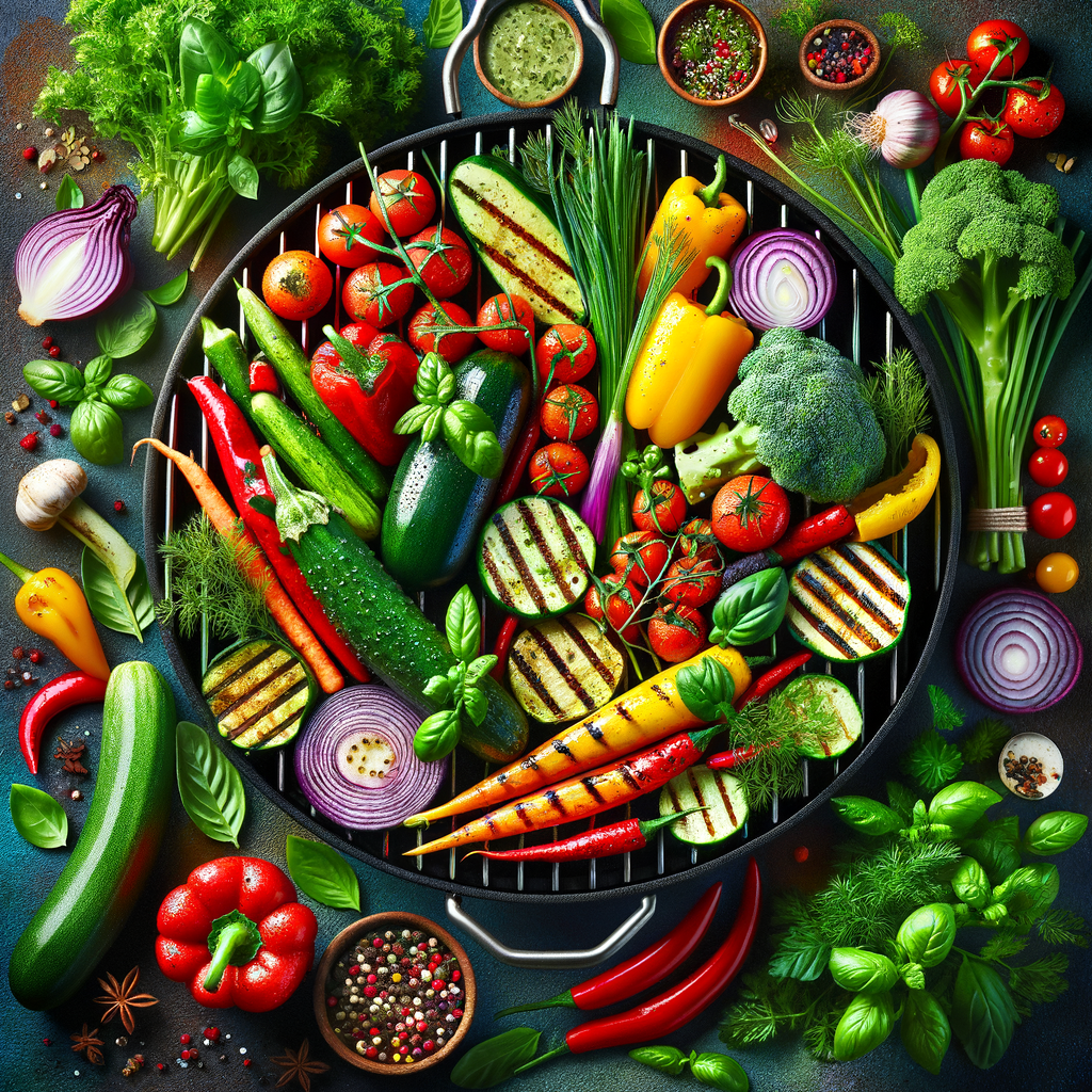Artful arrangement of garden fresh herbs and colorful vegetables on a grill, demonstrating the use of herbs as flavor enhancers in vegetable grilling recipes for a fresh vegetable flavor boost.