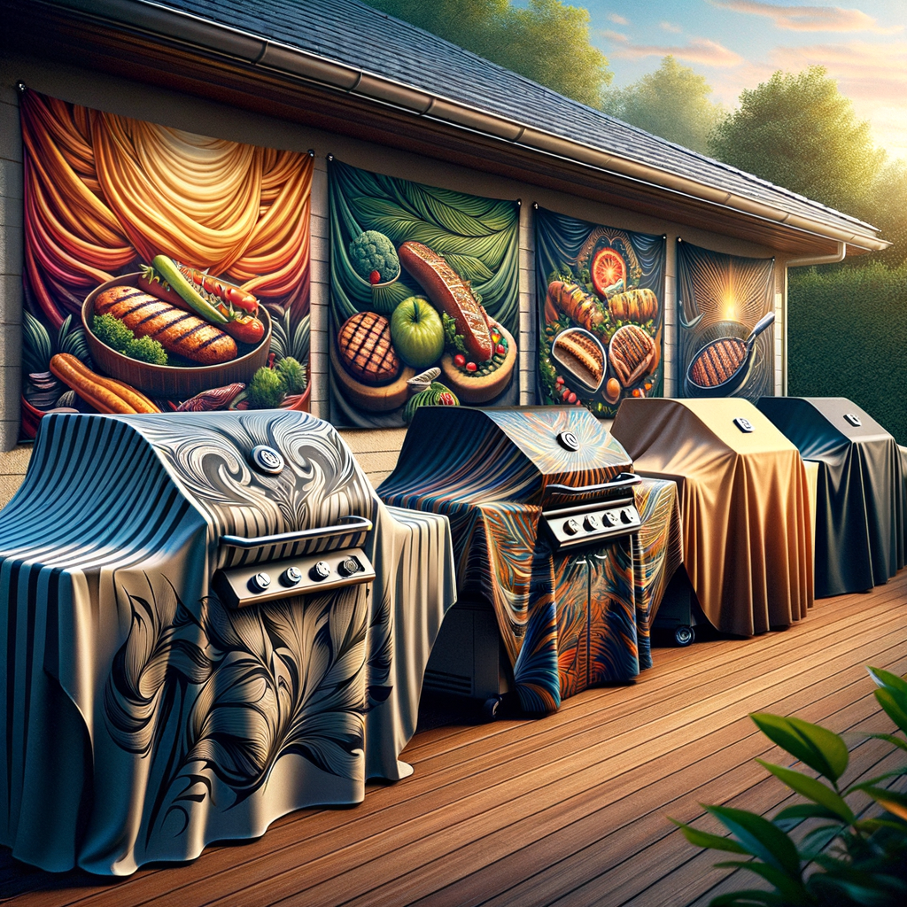 Stylish and durable grill covers in various designs protecting BBQ grills, symbolizing grill maintenance and outdoor grill protection for preserving your outdoor cooking investment